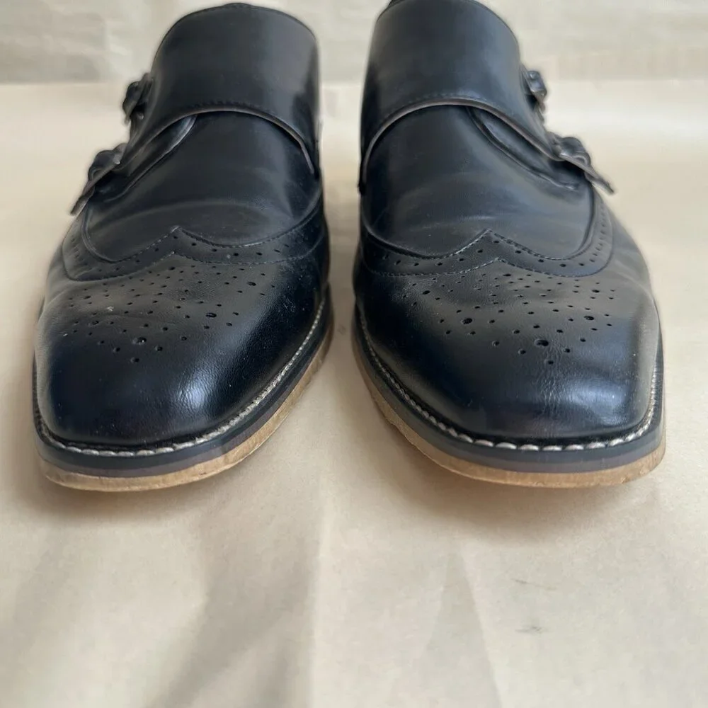 Gino Vitale Men 12 Black Wing Tip Dress Shoe Double Monk Strap Brogue Loafer